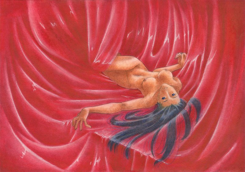 紅の中に横たわる裸婦
