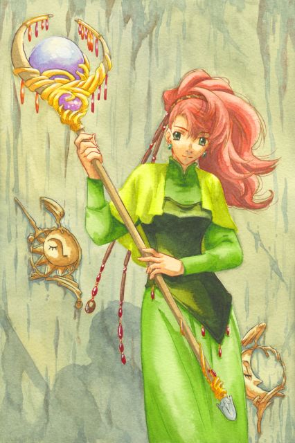 魔法の杖を持った赤髪の巫術師