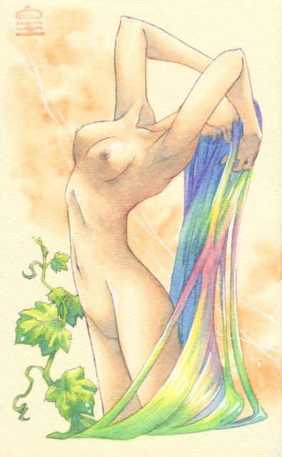体を反らす虹色の髪の裸婦